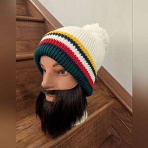 Vintage Tommy Hilfiger Ivory Striped Multi Colored Pom-Pom Beanie OS Unisex